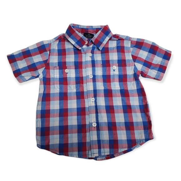 Faded Glory Red White and Blue Plaid Button Up Collared Short Sleeved Shirt - Picture 1 of 3